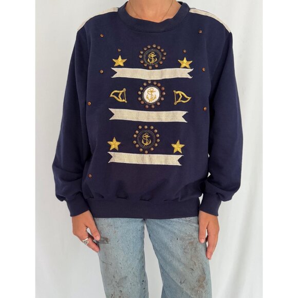 90s vintage navy blue sailor print nautical anchor embroidered pullover sweater - Picture 2 of 9